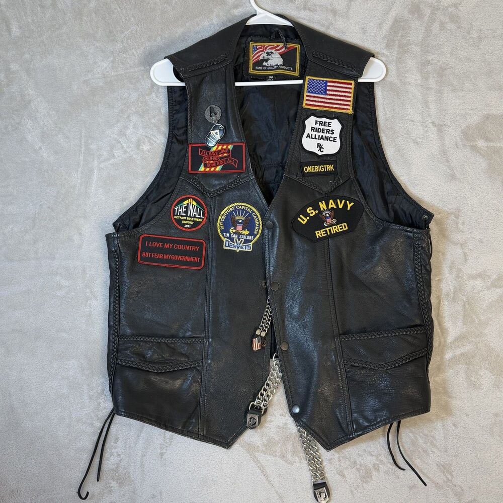 USA Bikers Dream Leather Motorcycle Vest 50 Navy Vietnam Patriot Guard Patches